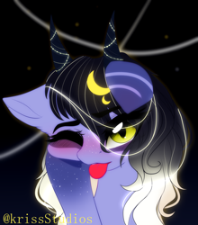 Size: 2863x3249 | Tagged: safe, artist:1fresita, artist:krissstudios, imported from derpibooru, oc, oc only, pony, bust, female, horns, mare, portrait, solo, tongue out