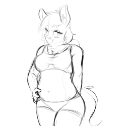 Size: 2400x2400 | Tagged: safe, artist:d-lowell, oc, oc only, anthro, pegasus, belly button, black and white, chubby, clothes, female, grayscale, mare, monochrome, shorts, sketch, solo, sports bra