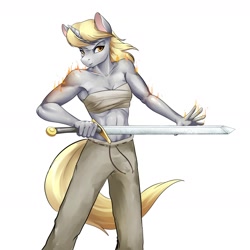 Size: 2400x2400 | Tagged: safe, artist:d-lowell, imported from ponybooru, oc, oc only, anthro, unicorn, chest wrap, clothes, female, horn, mare, pants, simple background, solo, sword, weapon, white background