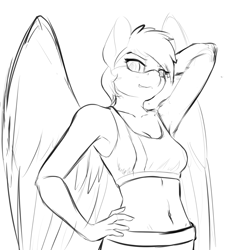 Size: 1200x1200 | Tagged: safe, artist:d-lowell, oc, oc only, anthro, pegasus, armpits, belly button, black and white, clothes, female, grayscale, looking at you, mare, monochrome, sketch, solo, sports bra, spread wings, wings