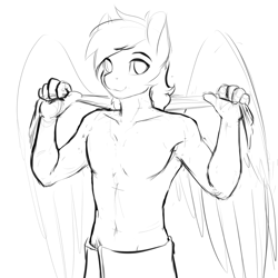 Size: 1200x1200 | Tagged: safe, artist:d-lowell, oc, oc only, oc:cutting chipset, anthro, pegasus, black and white, clothes, grayscale, male, monochrome, partial nudity, sketch, solo, spread wings, stallion, topless, towel, wings