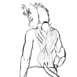 Size: 1200x1200 | Tagged: safe, artist:d-lowell, oc, oc only, oc:thistle, anthro, kirin, black and white, clothes, furry, grayscale, looking back, male, monochrome, pants, sketch, solo, stallion