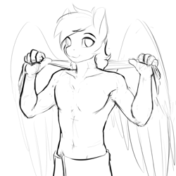 Size: 1200x1200 | Tagged: safe, artist:d-lowell, imported from ponybooru, oc, oc only, oc:cutting chipset, anthro, pegasus, black and white, clothes, grayscale, male, monochrome, partial nudity, sketch, solo, spread wings, stallion, topless, towel, wings