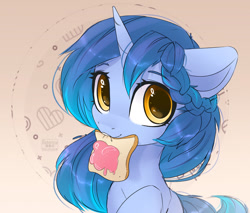 Size: 1280x1088 | Tagged: safe, artist:reterica, imported from derpibooru, oc, oc only, pony, unicorn, bread, cream, female, food, mouth hold, solo, toast