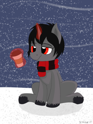 Size: 1560x2080 | Tagged: safe, artist:sefastpone, oc:ada, unicorn, clothes, coffee cup, cup, d'lirium, digital art, female, magic, mare, scarf, simple background, sitting, snow, telekinesis, winter