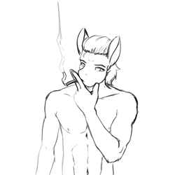 Size: 2400x2400 | Tagged: safe, artist:d-lowell, imported from ponybooru, oc, oc only, anthro, earth pony, belly button, black and white, cigarette, grayscale, male, monochrome, sketch, smoking, solo, stallion