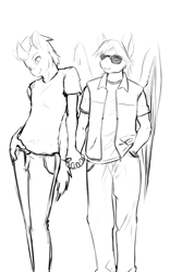 Size: 2400x3600 | Tagged: safe, artist:d-lowell, oc, oc only, oc:artemis whooves, anthro, earth pony, pegasus, black and white, clothes, gay, grayscale, holding hands, jacket, male, monochrome, oc x oc, shipping, sketch, stallion, sunglasses