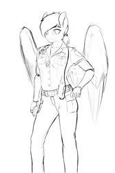 Size: 2400x3600 | Tagged: safe, artist:d-lowell, imported from ponybooru, oc, oc only, oc:atom bomb, anthro, pegasus, augmented, black and white, clothes, female, grayscale, mare, monochrome, police, police officer, police uniform, sketch, solo