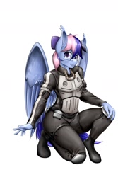 Size: 1200x1800 | Tagged: safe, artist:d-lowell, imported from ponybooru, oc, oc only, oc:wind of the skies, anthro, pegasus, clothes, freckles, glasses, kneeling, looking at you, pegasus oc, simple background, solo, white background, wings