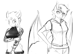 Size: 3600x2700 | Tagged: safe, artist:d-lowell, imported from ponybooru, oc, oc only, oc:aqviline, oc:presh twirl, anthro, bat pony, earth pony, augmented, bat pony oc, bat wings, belly button, black and white, blushing, clothes, duo, earth pony oc, female, females only, flower, flower in hair, grayscale, looking at you, mare, monochrome, sketch, wings