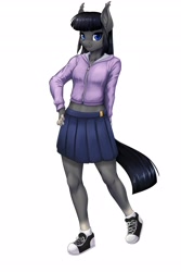 Size: 2400x3600 | Tagged: safe, artist:d-lowell, oc, oc only, oc:vera, anthro, earth pony, clothes, earth pony oc, female, hand on hip, hoodie, looking at you, mare, simple background, skirt, smiling, solo, white background