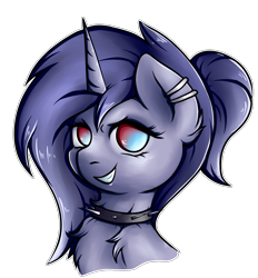 Size: 2329x2505 | Tagged: safe, artist:coco-drillo, imported from derpibooru, oc, oc only, oc:singularity, pony, unicorn, bust, chest fluff, choker, collar, ear fluff, ear piercing, earring, evil grin, grin, jewelry, makeup, mascot, piercing, ponytail, simple background, smiling, solo, spiked choker, spiked collar, transparent background