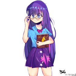 Size: 1378x1378 | Tagged: safe, artist:kakabr12, imported from derpibooru, kotobukiya, twilight sparkle, equestria girls, adjusting glasses, book, female, glasses, human coloration, i can't believe it's not sci-twi, kotobukiya twilight sparkle, long hair, meganekko, solo, twilight's professional glasses