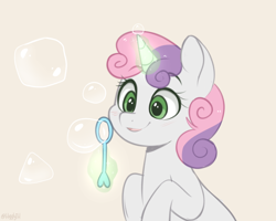 Size: 1050x840 | Tagged: safe, artist:higgly-chan, imported from derpibooru, sweetie belle, pony, unicorn, blowing bubbles, bubble, bubble wand, bust, cute, diasweetes, female, filly, foal, glowing horn, hooves to the chest, horn, levitation, looking at something, magic, signature, simple background, smiling, soap bubble, solo, sweetie belle's magic brings a great big smile, telekinesis, three quarter view, white background