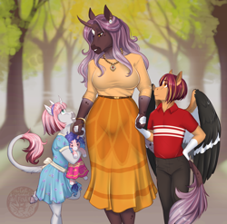 Size: 2960x2924 | Tagged: safe, artist:askbubblelee, imported from derpibooru, imported from ponybooru, oc, oc only, oc:rosie quartz, oc:sunstreak, oc:sunstreak quartz, anthro, pegasus, unguligrade anthro, unicorn, anthro oc, clothes, colt, cousins, cute, digital art, dress, ear piercing, earring, female, filly, gilf, grandmother and grandchild, grandmother and granddaughter, grandmother and grandson, holding hands, horn, jewelry, leonine tail, male, mare, necklace, pegasus oc, piercing, plushie, shirt, tree, trio, unicorn oc, wings