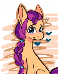 Size: 1605x2048 | Tagged: safe, artist:elcy_bellcup, imported from derpibooru, sunny starscout, earth pony, pony, braid, female, g5, heart, mare, smiling, solo