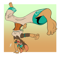 Size: 1967x1852 | Tagged: safe, artist:duragan, imported from derpibooru, shanty (tfh), anthro, goat, plantigrade anthro, them's fightin' herds, barefoot, busty shanty, capoeira, clothes, community related, dancing, facial hair, feet, female, fighter, foot focus, goatee, handstand, kick, kicking, midriff, perspective, pirate, pose, solo, sports bra, toes, upside down
