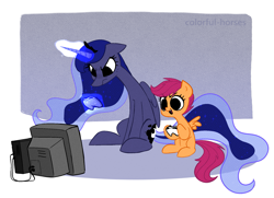 Size: 1991x1444 | Tagged: safe, artist:syrupyyy, imported from derpibooru, princess luna, scootaloo, alicorn, pegasus, pony, gamer luna, controller, cute, cutealoo, duo, female, filly, glowing horn, hoof hold, horn, levitation, luna is not amused, lunabetes, magic, mare, open mouth, sitting, telekinesis, television, unamused