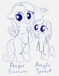 Size: 1030x1334 | Tagged: safe, artist:heretichesh, imported from derpibooru, oc, oc:angel blossom, oc:angle sprout, pegasus, female, filfil, filly, heart, sketch