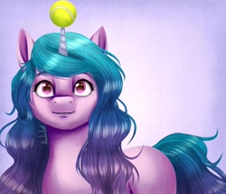 Size: 1616x1387 | Tagged: safe, artist:neutral-soul, imported from derpibooru, izzy moonbow, pony, unicorn, ball, cute, female, g5, horn, horn guard, horn impalement, hornball, izzy's tennis ball, izzybetes, looking at you, mare, solo, tennis ball