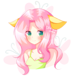 Size: 874x896 | Tagged: dead source, safe, artist:dddreamdraw, imported from derpibooru, fluttershy, human, adorasexy, blushing, breasts, busty fluttershy, cleavage, cute, eared humanization, eye clipping through hair, floppy ears, humanized, sexy, shyabetes, solo, stray strand