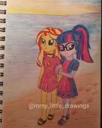 Size: 1042x1303 | Tagged: safe, artist:mmy_little_drawings, imported from derpibooru, sci-twi, sunset shimmer, twilight sparkle, equestria girls, equestria girls series, spring breakdown, spoiler:eqg series (season 2), beach, clothes, dress, eyelashes, feet, female, glasses, lesbian, outdoors, sandals, scitwishimmer, shipping, smiling, sunsetsparkle, traditional art, watermark