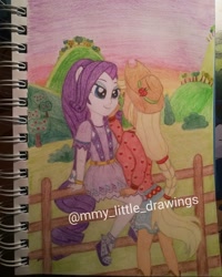 Size: 1080x1350 | Tagged: safe, artist:mmy_little_drawings, imported from derpibooru, applejack, rarity, equestria girls, legend of everfree, clothes, eyelashes, female, fence, hat, lesbian, outdoors, rarijack, shipping, sitting, skirt, traditional art, watermark