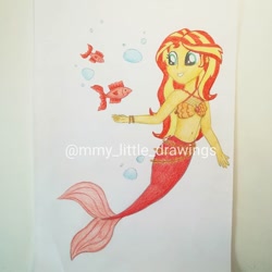 Size: 1080x1080 | Tagged: safe, artist:mmy_little_drawings, imported from derpibooru, sunset shimmer, fish, mermaid, equestria girls, belly button, bikini, bikini top, bubble, clothes, eyelashes, female, grin, mermaid tail, mermaidized, smiling, solo, species swap, swimsuit, traditional art, underwater, watermark