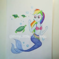 Size: 1080x1080 | Tagged: safe, artist:mmy_little_drawings, imported from derpibooru, rainbow dash, mermaid, equestria girls, belly button, bikini, bikini top, bubble, clothes, eyelashes, female, grin, mermaid tail, mermaidized, sea turtle, smiling, solo, species swap, swimsuit, traditional art, underwater, watermark