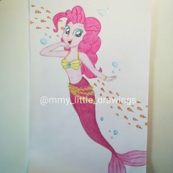 Size: 1080x1080 | Tagged: safe, artist:mmy_little_drawings, imported from derpibooru, pinkie pie, fish, mermaid, equestria girls, :d, belly button, bikini, bikini top, bubble, clothes, eyelashes, female, mermaid tail, mermaidized, open mouth, smiling, solo, species swap, swimsuit, traditional art, underwater, watermark