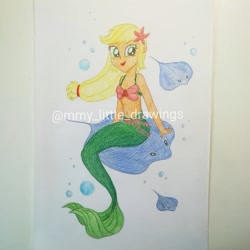 Size: 1049x1049 | Tagged: safe, artist:mmy_little_drawings, imported from derpibooru, applejack, mermaid, starfish, equestria girls, :d, belly button, bikini, bikini top, bubble, clothes, eyelashes, female, freckles, manta ray, mermaid tail, mermaidized, open mouth, sitting, smiling, solo, species swap, swimsuit, traditional art, underwater, watermark