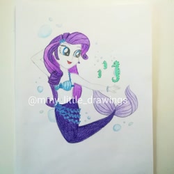 Size: 1080x1080 | Tagged: safe, artist:mmy_little_drawings, imported from derpibooru, rarity, mermaid, seahorse, equestria girls, :d, belly button, bikini, bikini top, bubble, clothes, eyelashes, female, mermaid tail, mermaidized, mermarity, open mouth, smiling, solo, species swap, swimsuit, traditional art, underwater, watermark