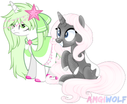 Size: 1548x1278 | Tagged: safe, artist:amgiwolf, imported from derpibooru, oc, oc only, pony, unicorn, clothes, colored hooves, dress, duo, eyelashes, female, grin, horn, mare, simple background, smiling, tired, transparent background, unicorn oc