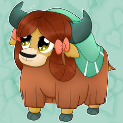 Size: 900x900 | Tagged: safe, artist:splashofsweet, imported from derpibooru, yona, yak, bow, cloven hooves, cute, female, hair bow, heart, heart eyes, monkey swings, solo, wingding eyes