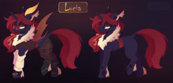 Size: 4996x2393 | Tagged: safe, artist:ignis, imported from derpibooru, oc, oc only, oc:lucia, changeling, insect, moth, mothling, original species, armor, changling, clothes, commission, glasses, lidded eyes, pants, red changeling, solo, species swap, unamused