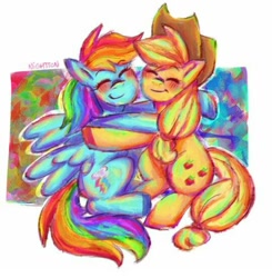 Size: 540x550 | Tagged: source needed, safe, artist:nightton, imported from derpibooru, applejack, rainbow dash, earth pony, pegasus, pony, appledash, embracing, female, happy, lesbian, shipping