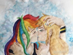 Size: 540x405 | Tagged: source needed, safe, artist:applejack_eg, imported from derpibooru, applejack, rainbow dash, human, appledash, female, hand on head, humanized, kissing, lesbian, shipping, sky