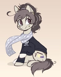 Size: 757x957 | Tagged: safe, artist:higgly-chan, imported from derpibooru, oc, oc only, oc:polka dot, earth pony, pony, adidas, clothes, female, happy, ponytail, raised hoof, scarf, shirt, smiling, solo