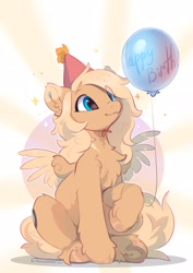 Size: 2480x3508 | Tagged: safe, artist:apple_nettle, artist:shuryashish, imported from derpibooru, oc, oc only, oc:mirta whoowlms, pegasus, pony, balloon, birthday, chest fluff, confetti, happy birthday, hat, not applejack, party hat, smiling, solo, spread wings, underhoof, wings