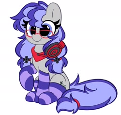 Size: 2048x1945 | Tagged: safe, artist:kittyrosie, imported from derpibooru, part of a set, oc, oc only, oc:cinnabyte, earth pony, pony, bandana, cinnabetes, clothes, commission, cute, glasses, headset, ocbetes, simple background, smiling, socks, solo, striped socks, white background, ych result