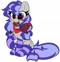Size: 1999x2048 | Tagged: safe, alternate version, artist:kittyrosie, imported from derpibooru, part of a set, oc, oc only, oc:cinnabyte, earth pony, pony, bandana, chocolate chip cookie, cinnabetes, clothes, commission, cookie, cute, female, food, glasses, headset, mare, mouth hold, ocbetes, simple background, smiling, socks, solo, striped socks, white background, ych result