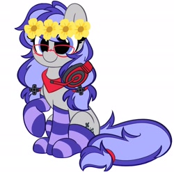 Size: 2048x2022 | Tagged: safe, alternate version, artist:kittyrosie, imported from derpibooru, part of a set, oc, oc only, oc:cinnabyte, earth pony, pony, bandana, cinnabetes, clothes, commission, cute, floral head wreath, flower, glasses, headset, ocbetes, simple background, smiling, socks, solo, striped socks, white background, ych result