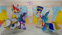 Size: 4160x2340 | Tagged: safe, artist:bsw421, imported from derpibooru, oc, oc:neferneferuaten nefertiti, oc:prince scarab, oc:scarab, alicorn, changeling, original species, pegasus, pony, armband, brother and sister, clothes, egyptian, egyptian headdress, egyptian pony, female, height difference, jewelry, makeup, male, mare, necklace, nefertiti, pharaoh, princess, queen, shoes, siblings, skirt, stallion, temple, traditional art