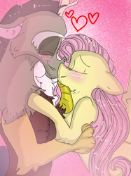 Size: 899x1200 | Tagged: safe, artist:cocolove2176, imported from derpibooru, discord, fluttershy, draconequus, pegasus, pony, 2019, abstract background, blushing, discoshy, eyes closed, facial hair, female, goatee, heart, holding a pony, hug, male, mare, shipping, smiling, straight