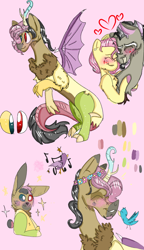 Size: 540x938 | Tagged: safe, artist:cocolove2176, imported from derpibooru, discord, fluttershy, oc, oc:disillusion, draconequus, hybrid, pegasus, baby, bust, discoshy, draconequus oc, eyelashes, eyes closed, female, heterochromia, horns, interspecies offspring, male, mare, music notes, offspring, open mouth, parent:discord, parent:fluttershy, parents:discoshy, pink background, shipping, simple background, smiling, straight, wings