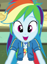 Size: 1920x2600 | Tagged: safe, imported from derpibooru, screencap, rainbow dash, equestria girls, equestria girls series, happily ever after party, chalkboard, clothes, cropped, cute, cutie mark, cutie mark on clothes, dashabetes, female, geode of super speed, happily ever after party: rainbow dash, hoodie, magical geodes, open mouth, smiling, solo