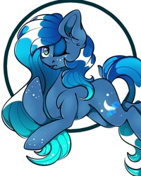 Size: 1080x1350 | Tagged: safe, alternate version, artist:tessa_key_, imported from derpibooru, oc, oc only, oc:nebula, earth pony, pony, abstract background, ear fluff, earth pony oc, female, lying down, makeup, mare, one eye closed, prone, solo, wink