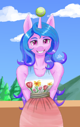 Size: 1200x1900 | Tagged: safe, artist:zachc, imported from derpibooru, izzy moonbow, anthro, unicorn, ball, clothes, cloud, dress, female, g5, horn, horn guard, hornball, izzy's tennis ball, looking at you, sky, smiling, solo, tennis ball