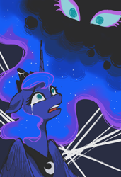 Size: 2808x4097 | Tagged: safe, artist:taytinabelle, imported from derpibooru, princess luna, tantabus, alicorn, pony, anxiety, crying, depressed, disembodied eyes, female, looking up, mare, open mouth, sad, solo, starry night, teary eyes