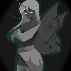 Size: 1280x1280 | Tagged: safe, artist:cr3epymeme, imported from derpibooru, queen chrysalis, human, breasts, busty queen chrysalis, female, gesugao, horn, horned humanization, humanized, partial color, solo, winged humanization, wings